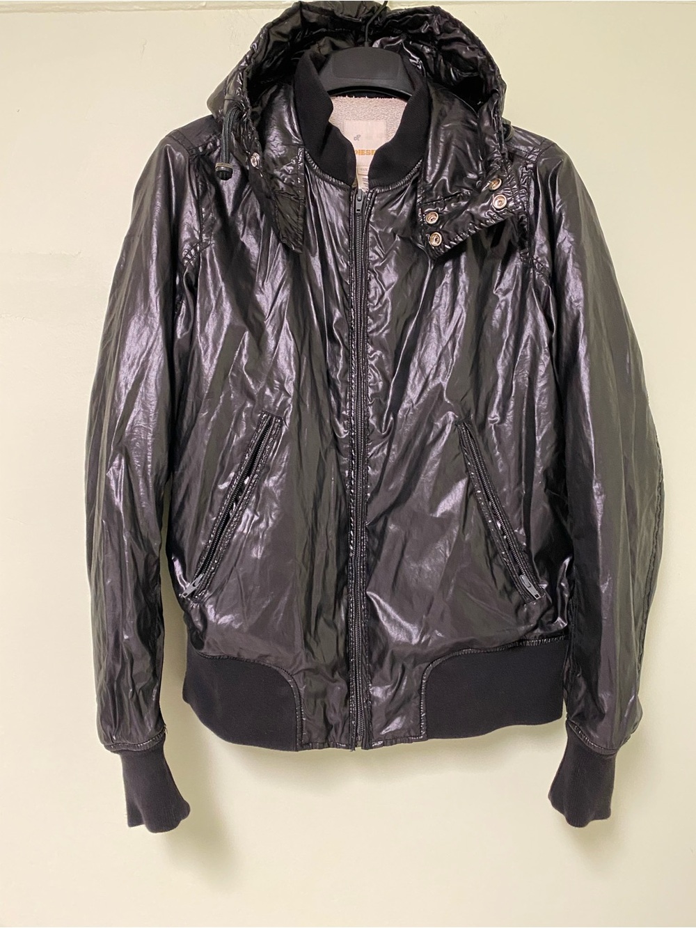 Diesel Black Glossy Hooded Bomber Jacket